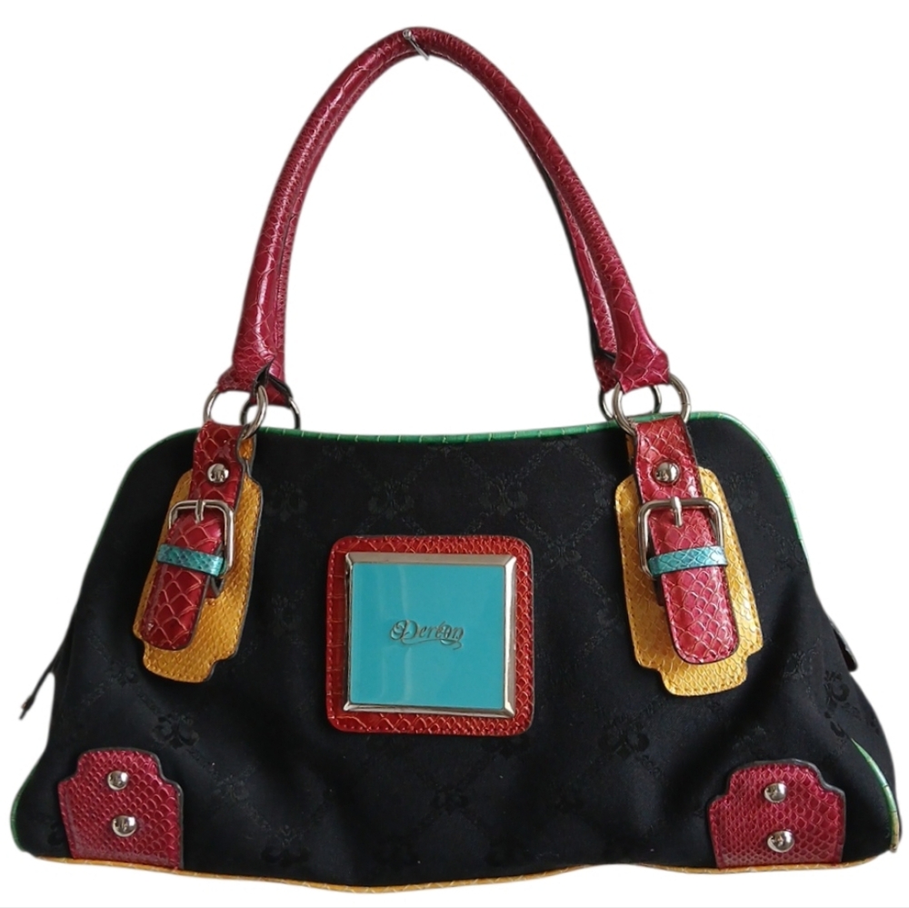 House of Deréon Y2K Monogram Satchel Bag - Black & Multicolor Faux Reptile